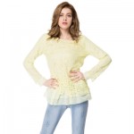 Round Collar Long Sleeve Lace Spliced Blouse